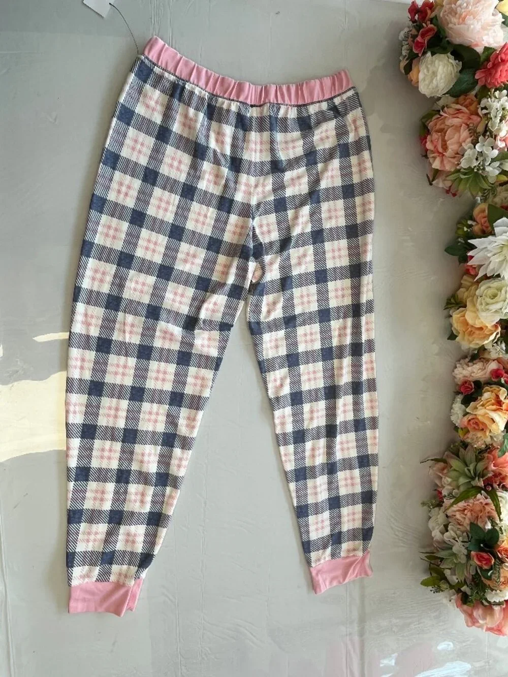 NEW Cuddl Duds Plaid Pajama Set Jogger Pants Pockets Pink Blue M